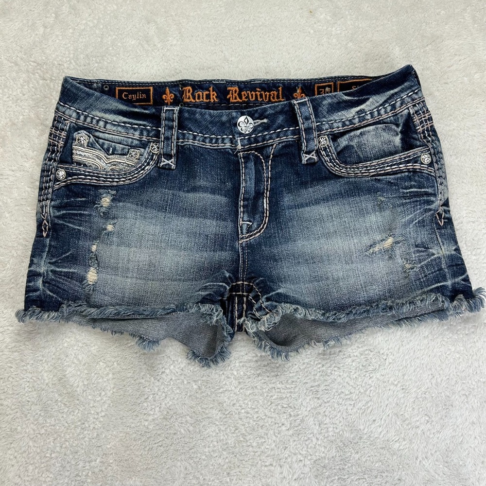 Rock Revival Caylin Cutoff Shorts Womens 30 Short Blue Classic Distressed Denim